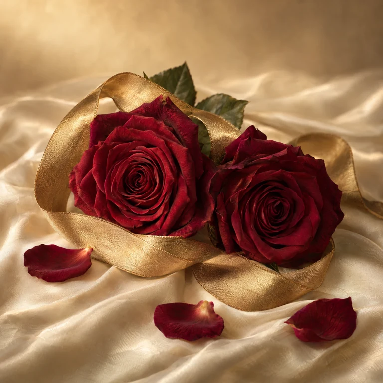 Rosas rojo vino y cinta dorada, símbolos de amor y armonía